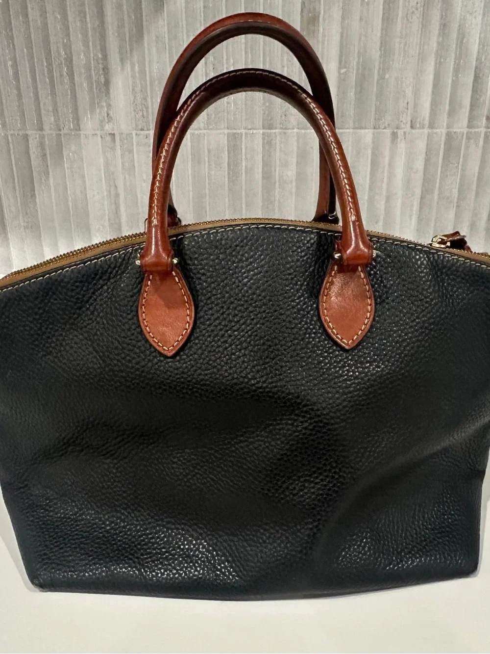 Dooney & Bourke Black Pebbled Leather Satchel with Brown Trim